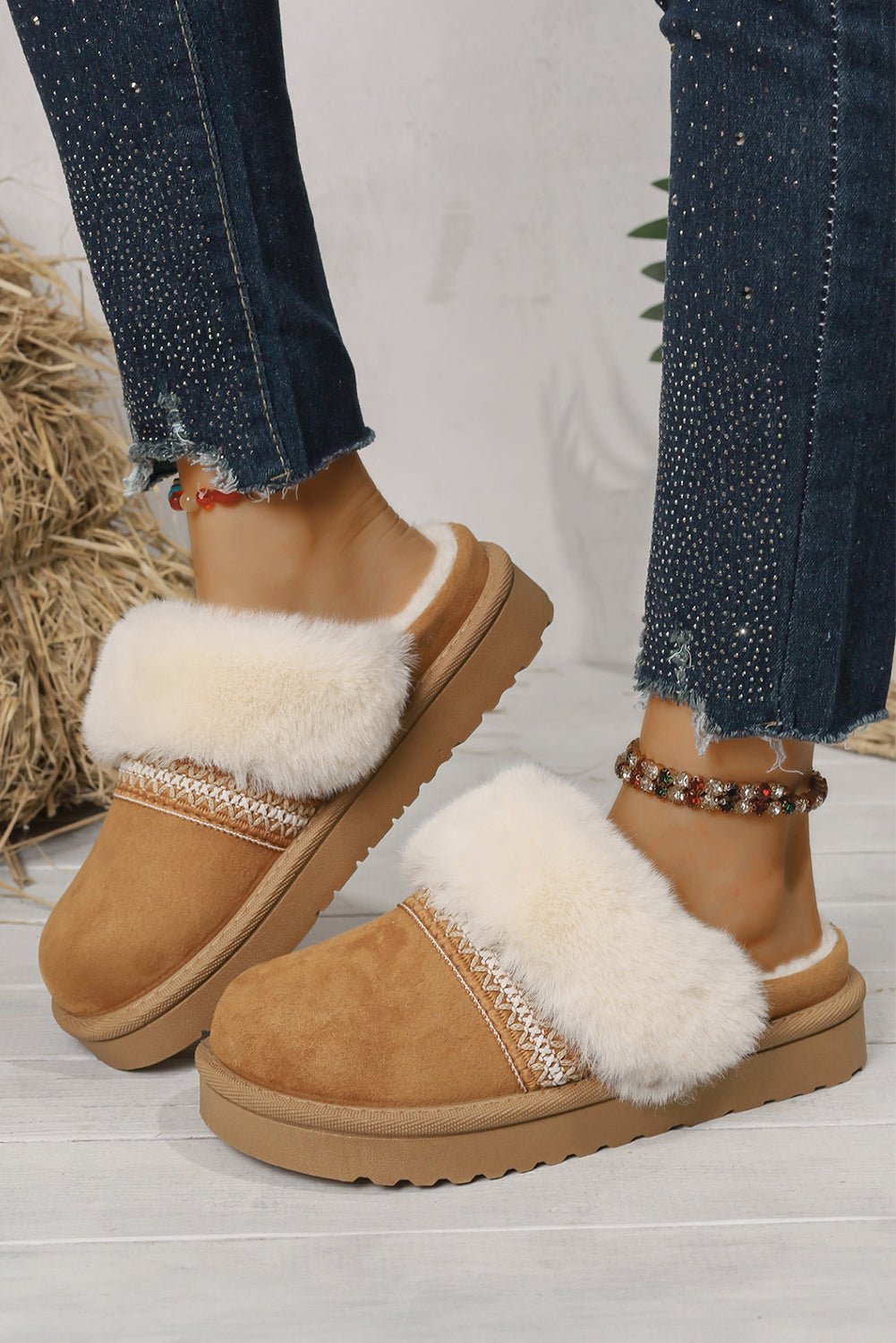 White Suede Fuzzy Winter Warm Platform Slippers - MAD RUFFI