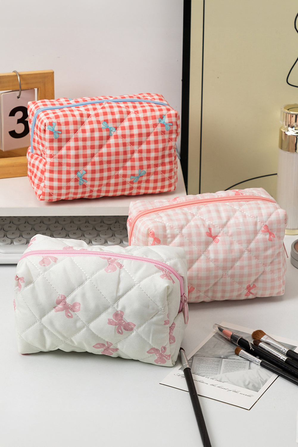 White Sweet Bow Knot Print Quilted Zipper Cosmetic Bag - MAD RUFFI