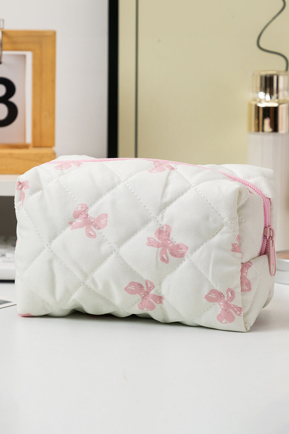 White Sweet Bow Knot Print Quilted Zipper Cosmetic Bag - MAD RUFFI