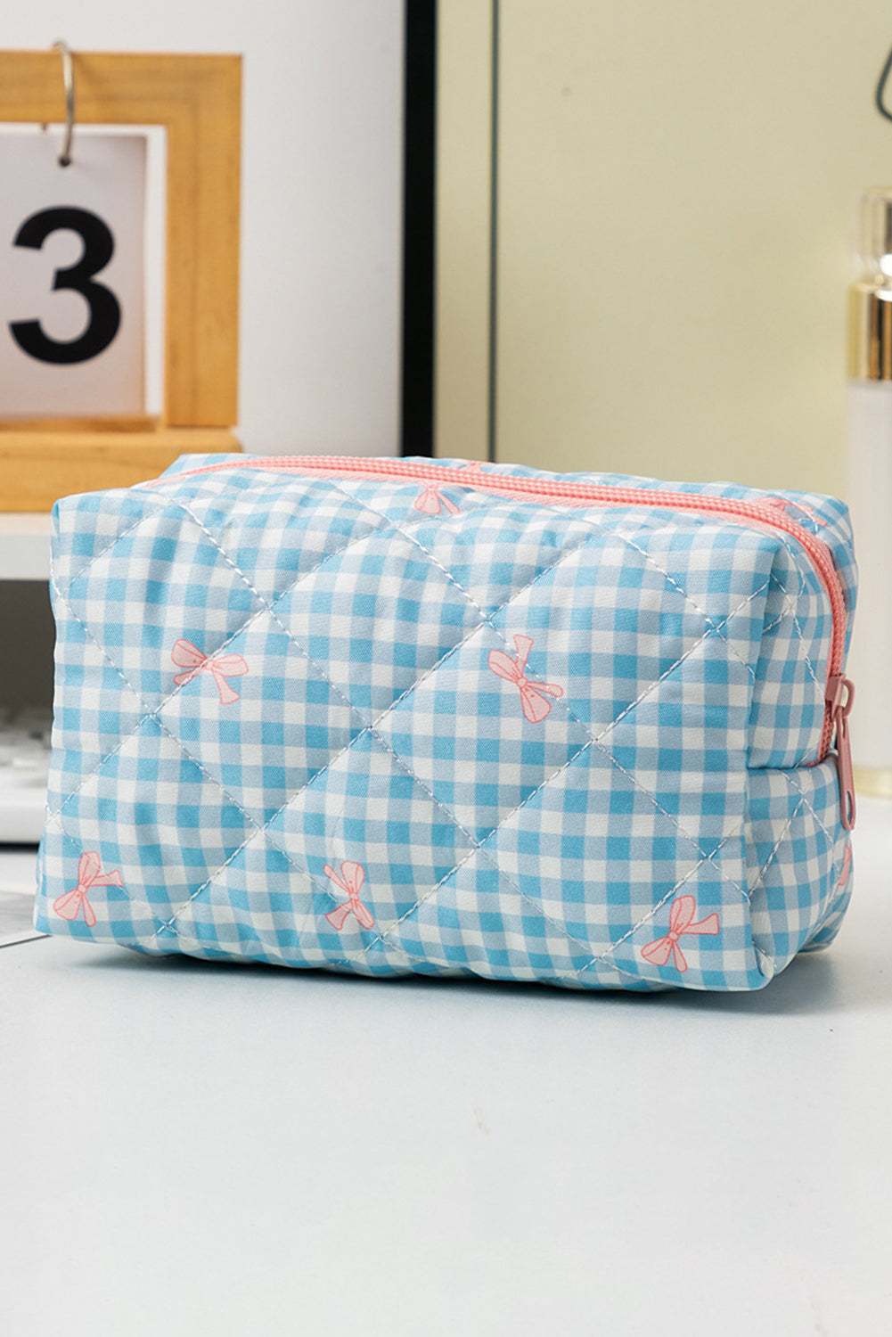 White Sweet Bow Knot Print Quilted Zipper Cosmetic Bag - MAD RUFFI