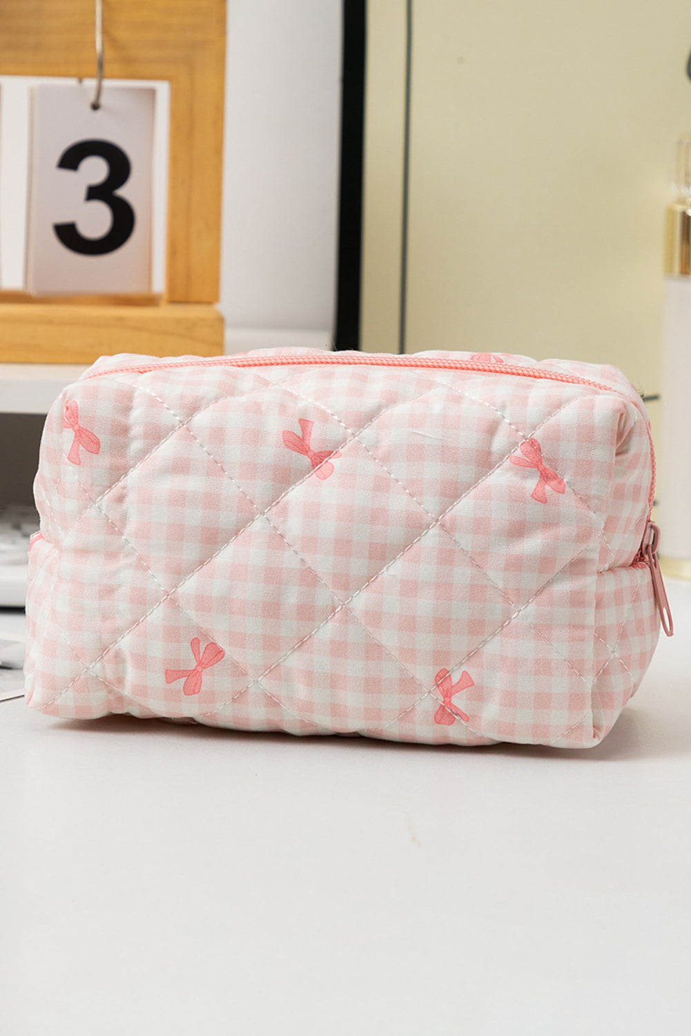 White Sweet Bow Knot Print Quilted Zipper Cosmetic Bag - MAD RUFFI