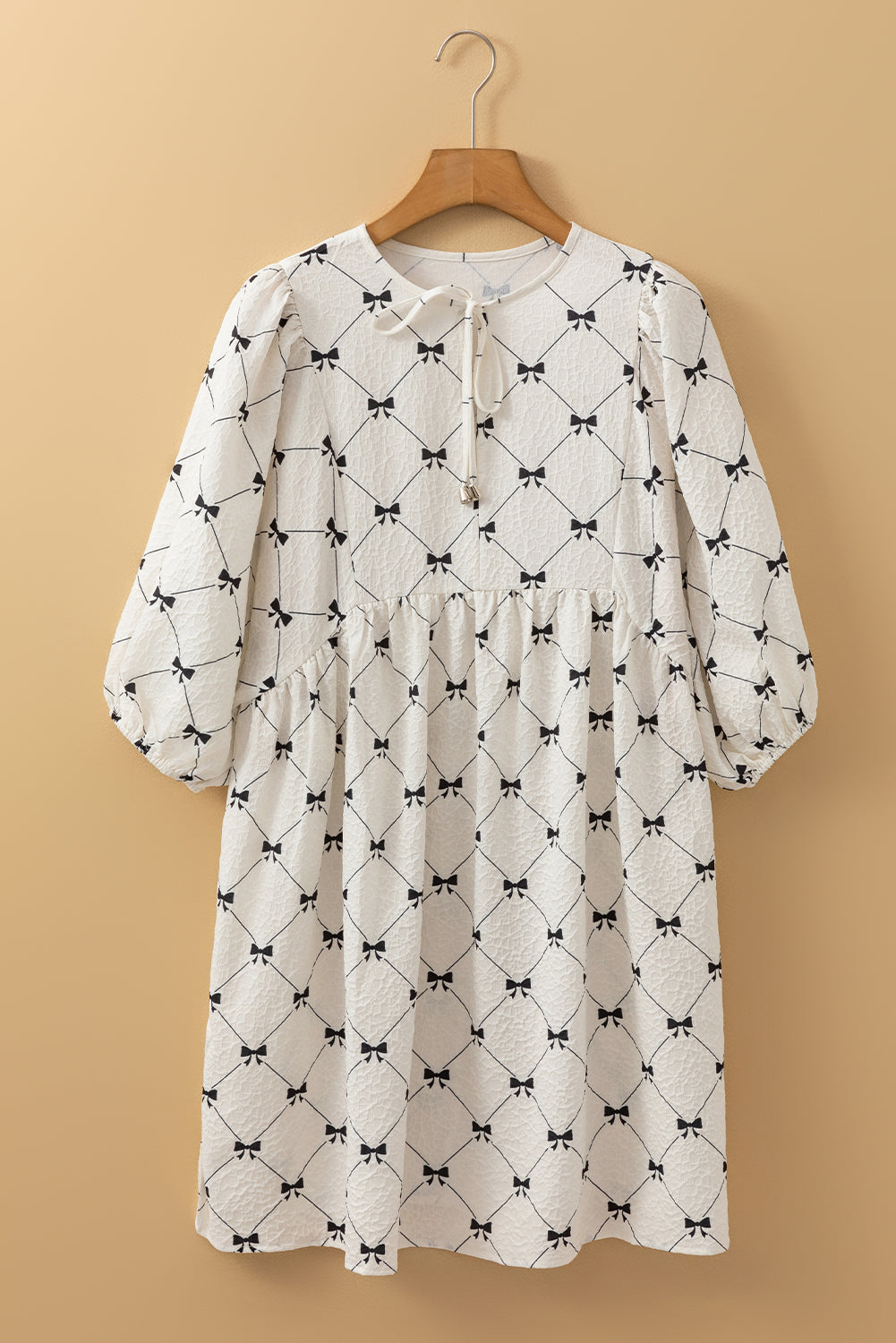 White Sweet Bow Print Lantern Sleeve Mini Dress - MAD RUFFI