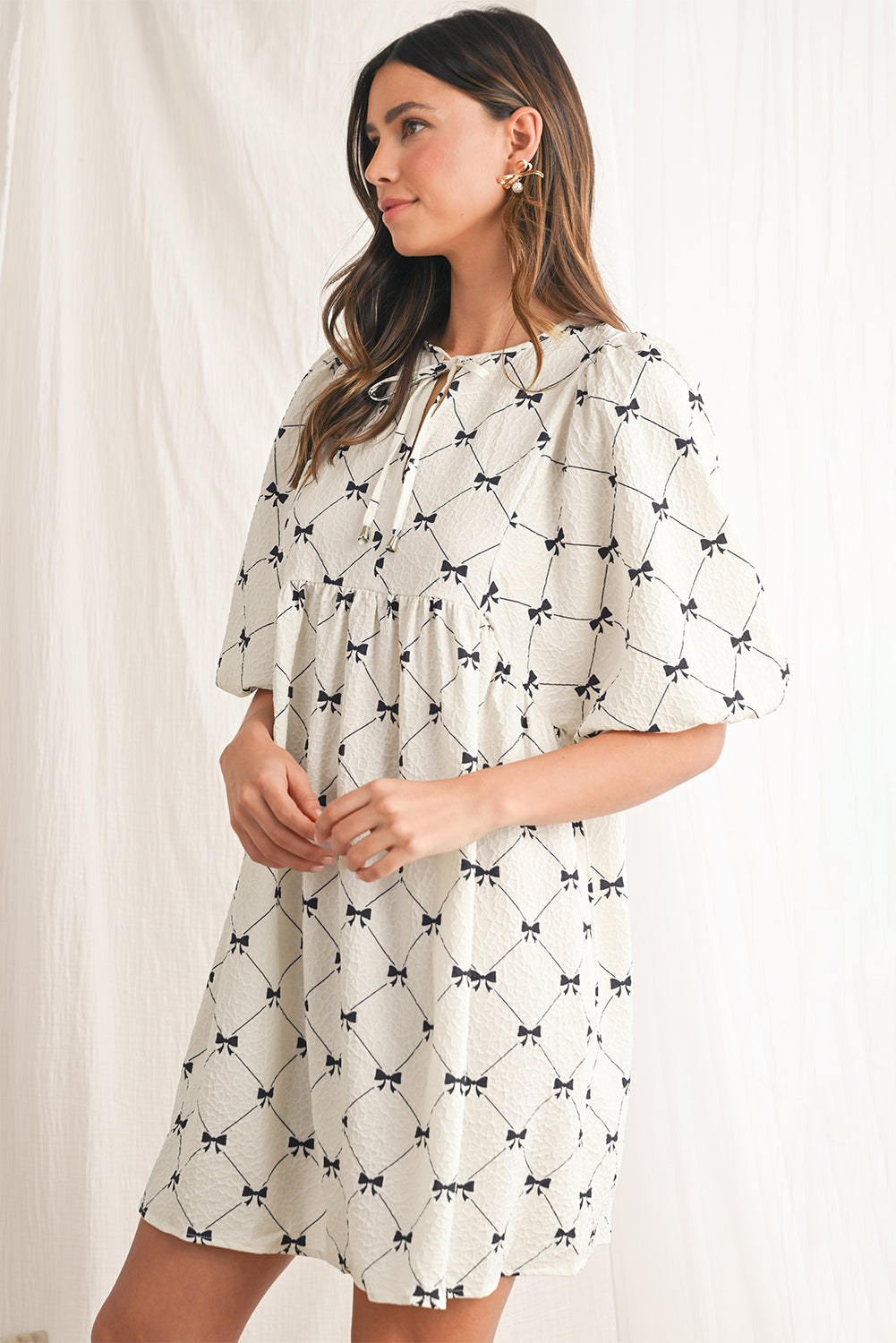 White Sweet Bow Print Lantern Sleeve Mini Dress - MAD RUFFI