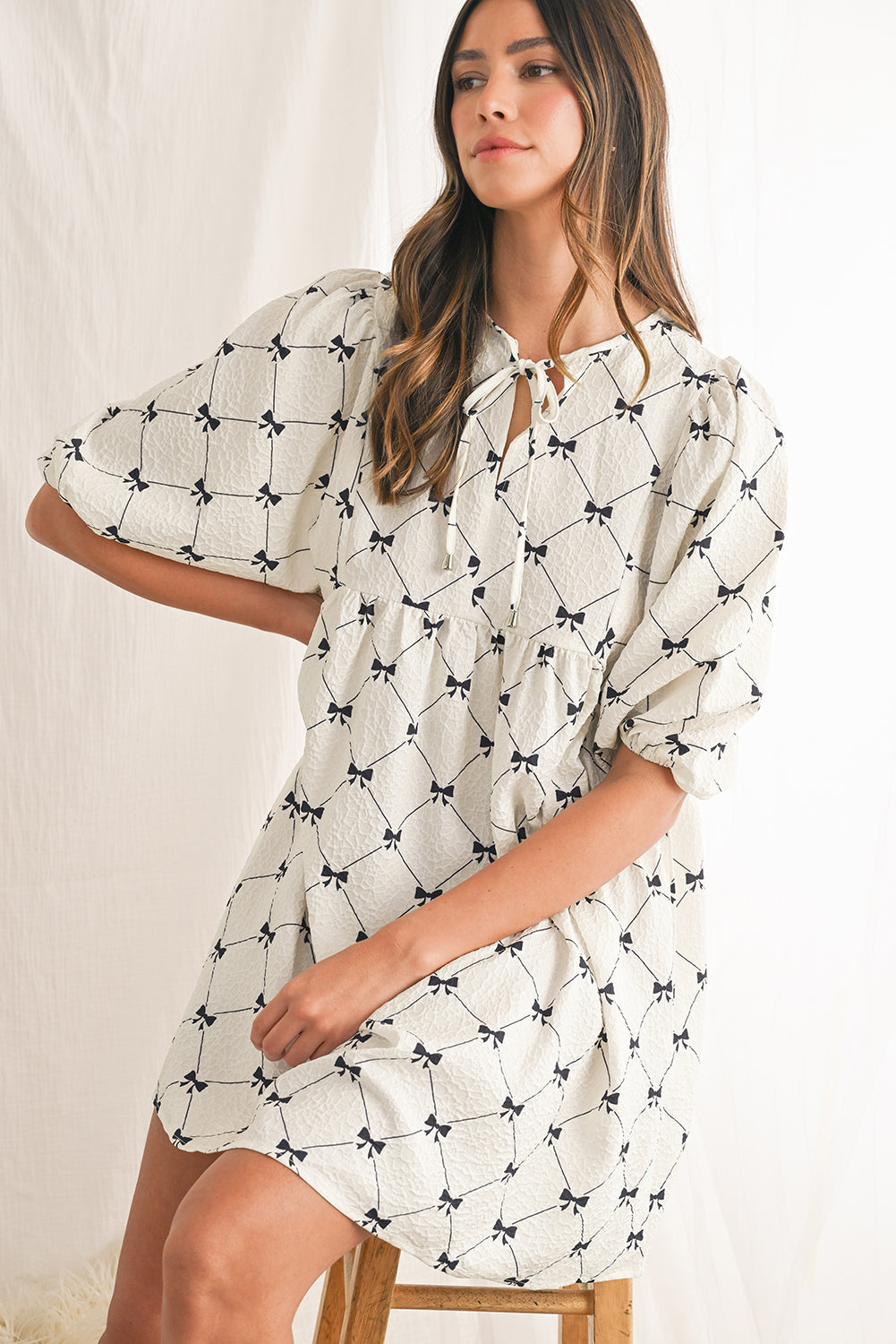 White Sweet Bow Print Lantern Sleeve Mini Dress - MAD RUFFI