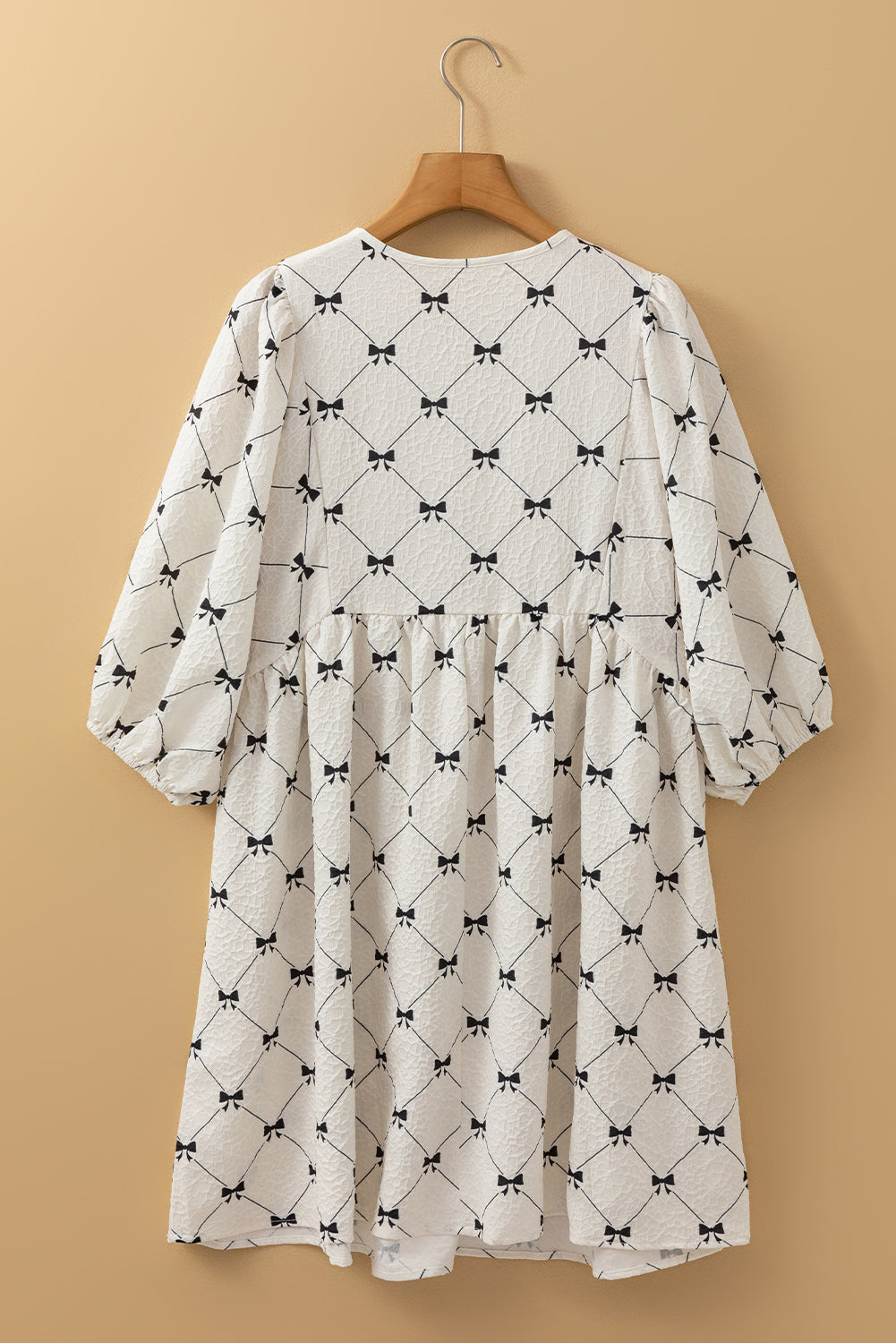 White Sweet Bow Print Lantern Sleeve Mini Dress - MAD RUFFI