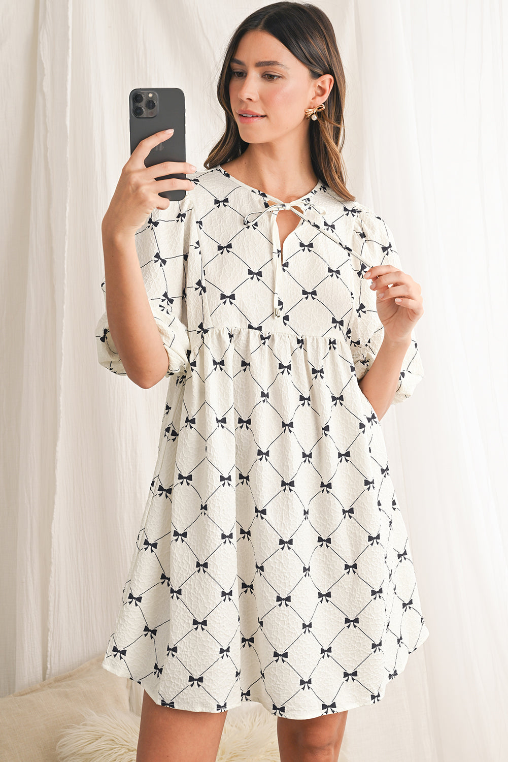 White Sweet Bow Print Lantern Sleeve Mini Dress - MAD RUFFI