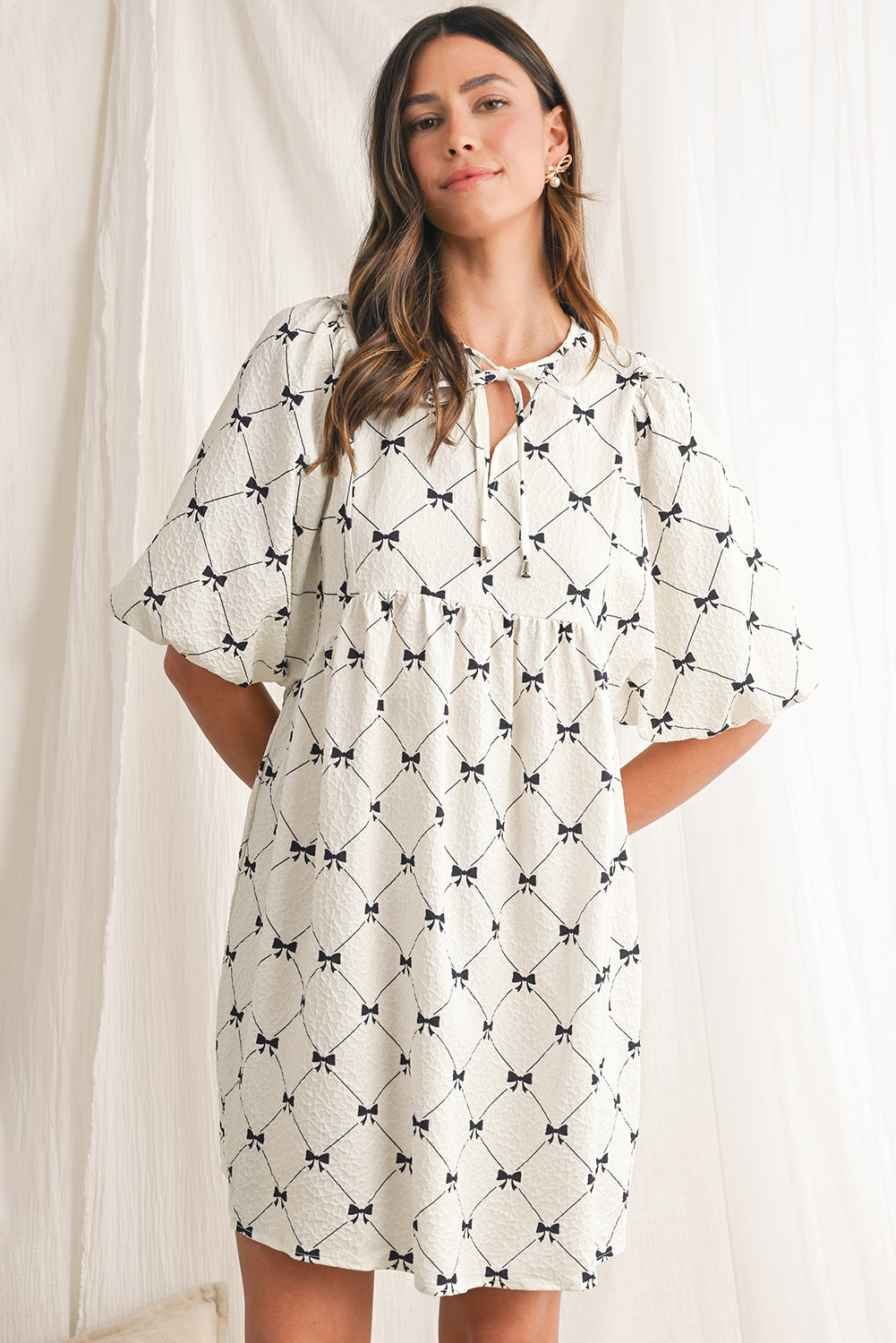 White Sweet Bow Print Lantern Sleeve Mini Dress - MAD RUFFI