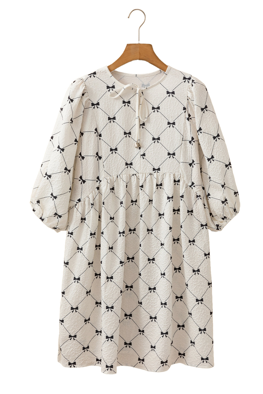 White Sweet Bow Print Lantern Sleeve Mini Dress - MAD RUFFI