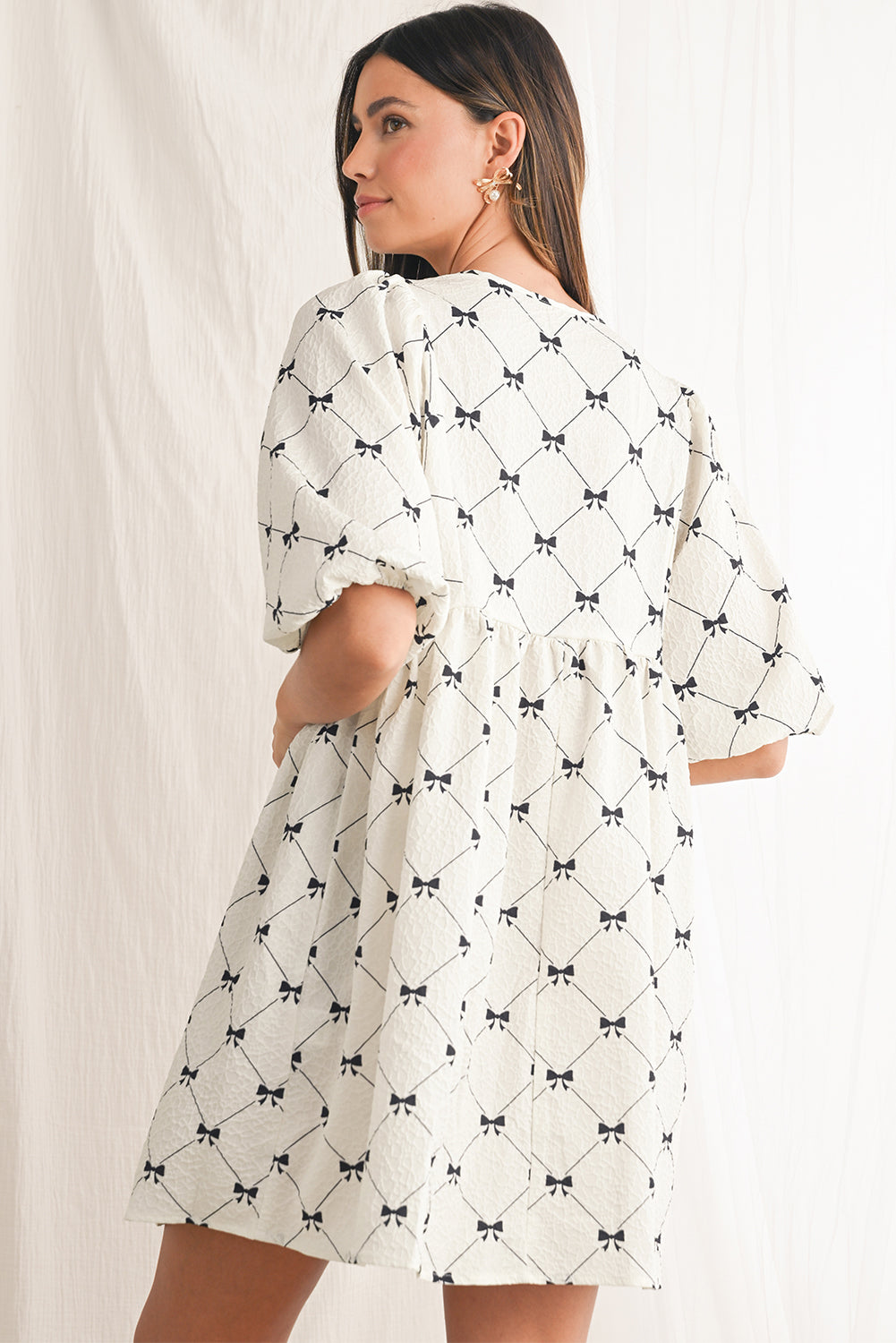 White Sweet Bow Print Lantern Sleeve Mini Dress - MAD RUFFI