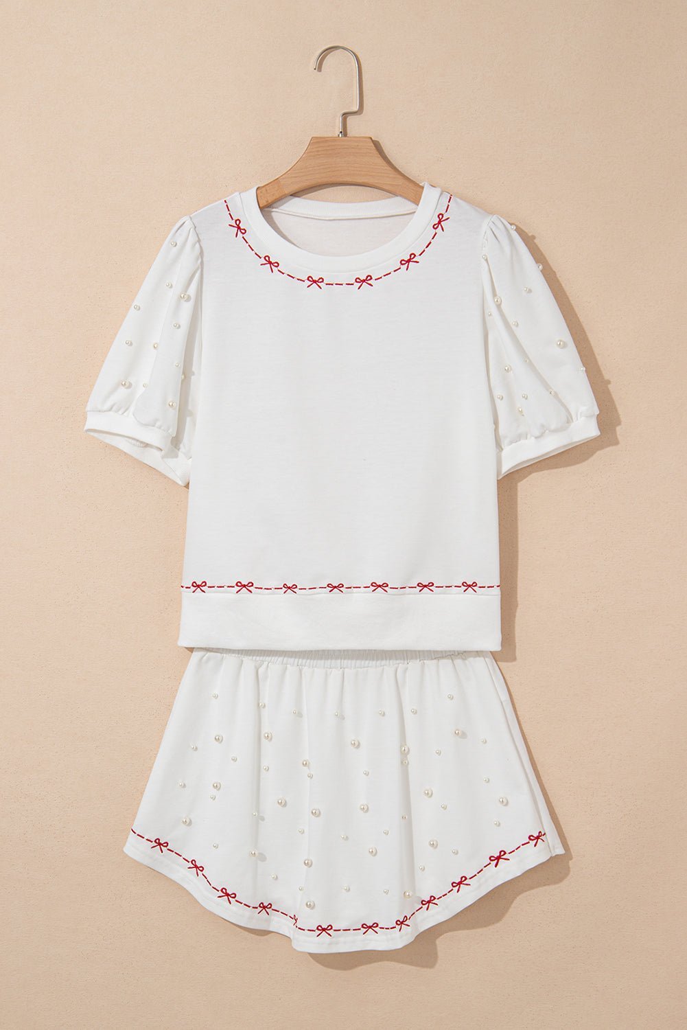 White Sweet Bow Trim Pearl Embellished Blouse and Skort Set - MAD RUFFI