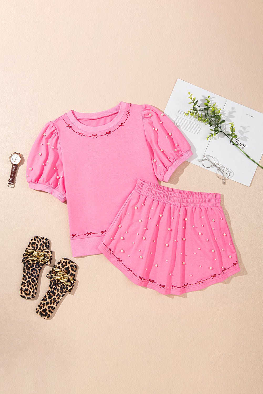 White Sweet Bow Trim Pearl Embellished Blouse and Skort Set - MAD RUFFI