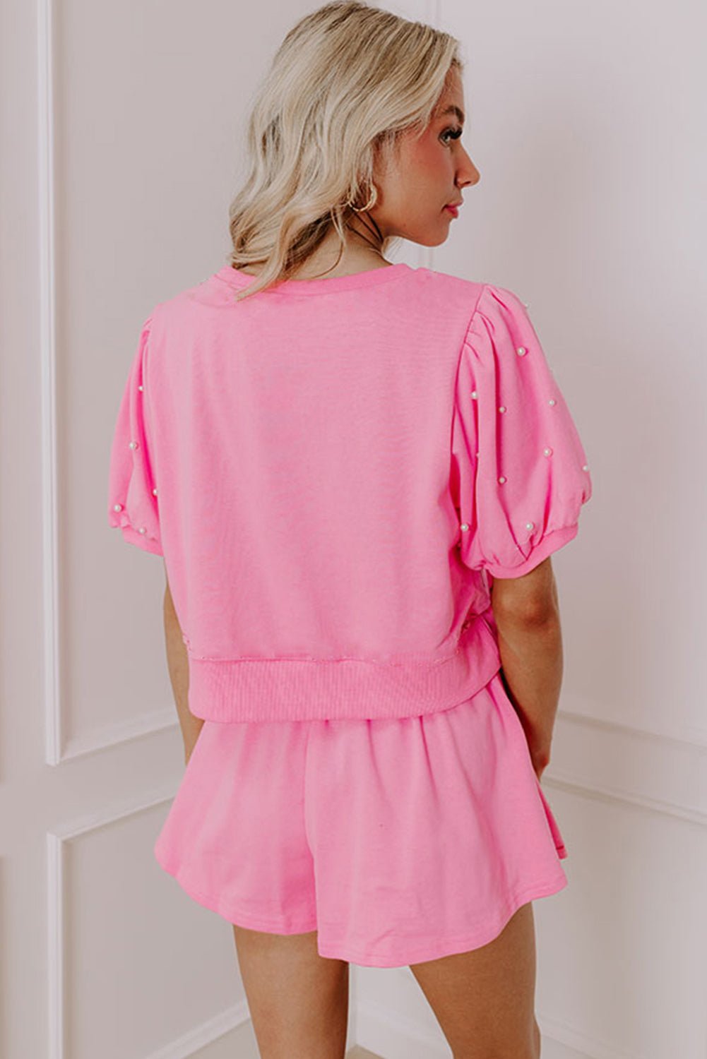 White Sweet Bow Trim Pearl Embellished Blouse and Skort Set - MAD RUFFI