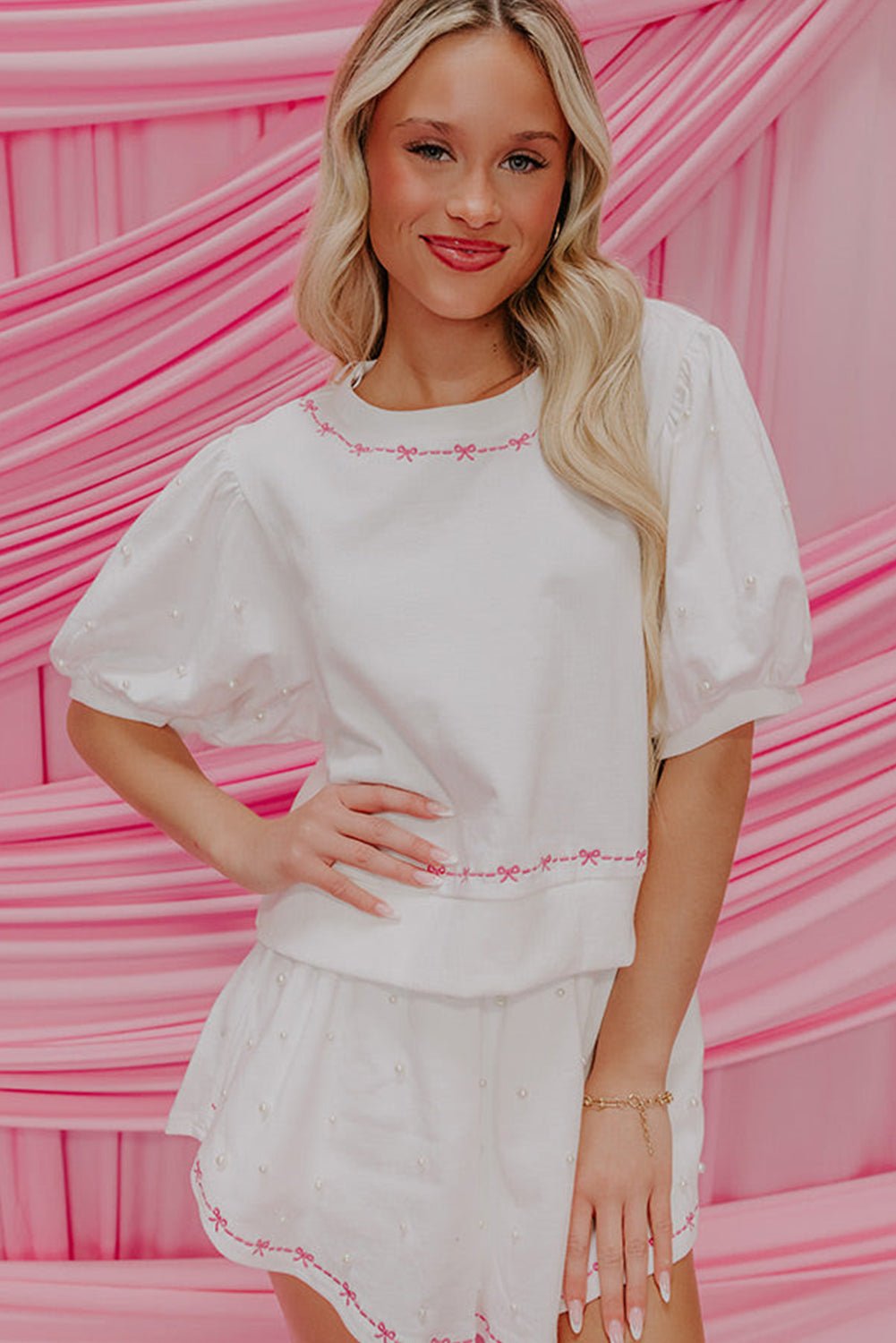 White Sweet Bow Trim Pearl Embellished Blouse and Skort Set - MAD RUFFI