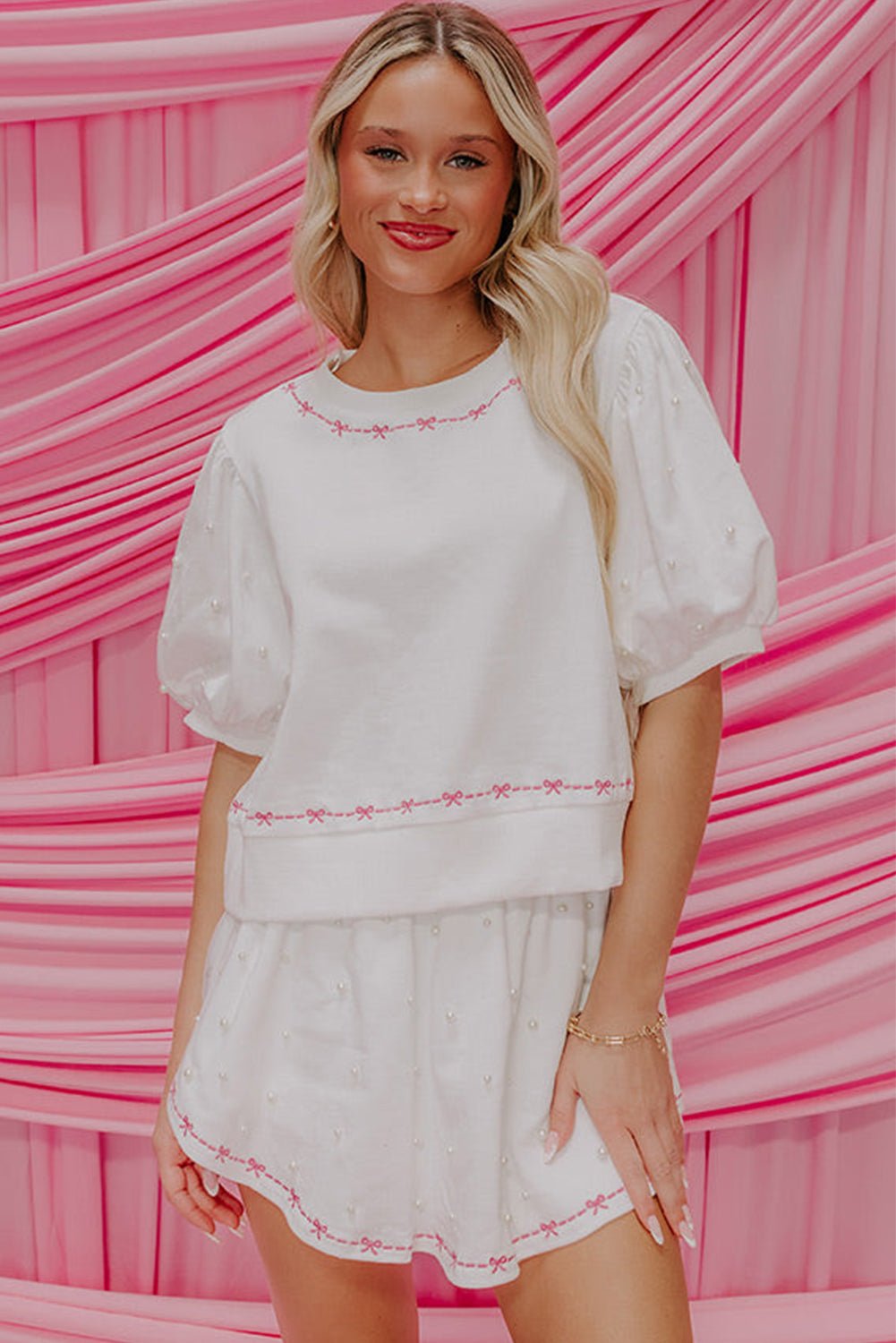 White Sweet Bow Trim Pearl Embellished Blouse and Skort Set - MAD RUFFI