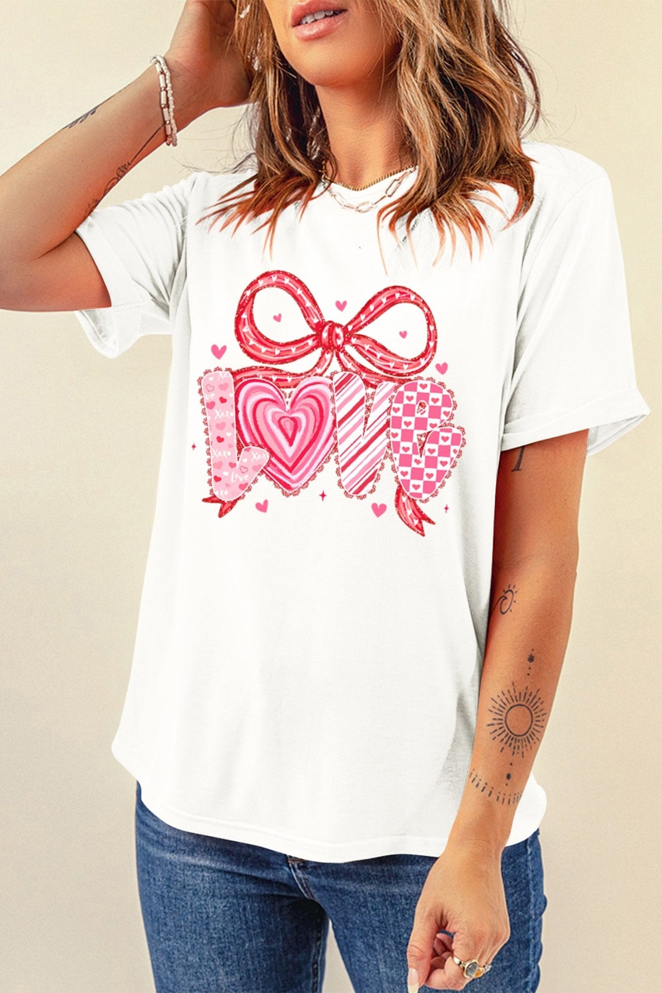 White Sweet LOVE Ribbon Bow Printed Valentines Day T Shirt - MAD RUFFI