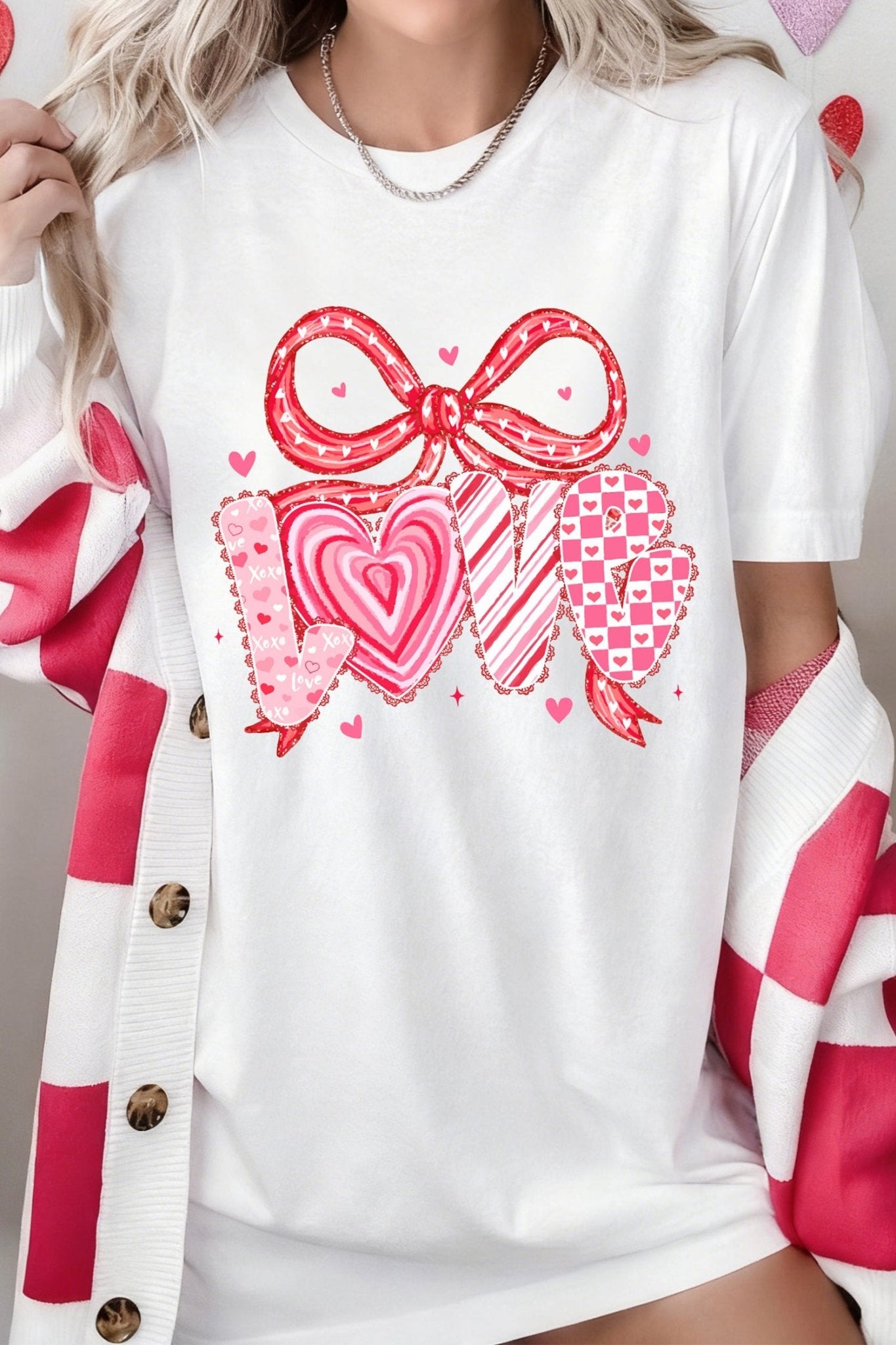 White Sweet LOVE Ribbon Bow Printed Valentines Day T Shirt - MAD RUFFI