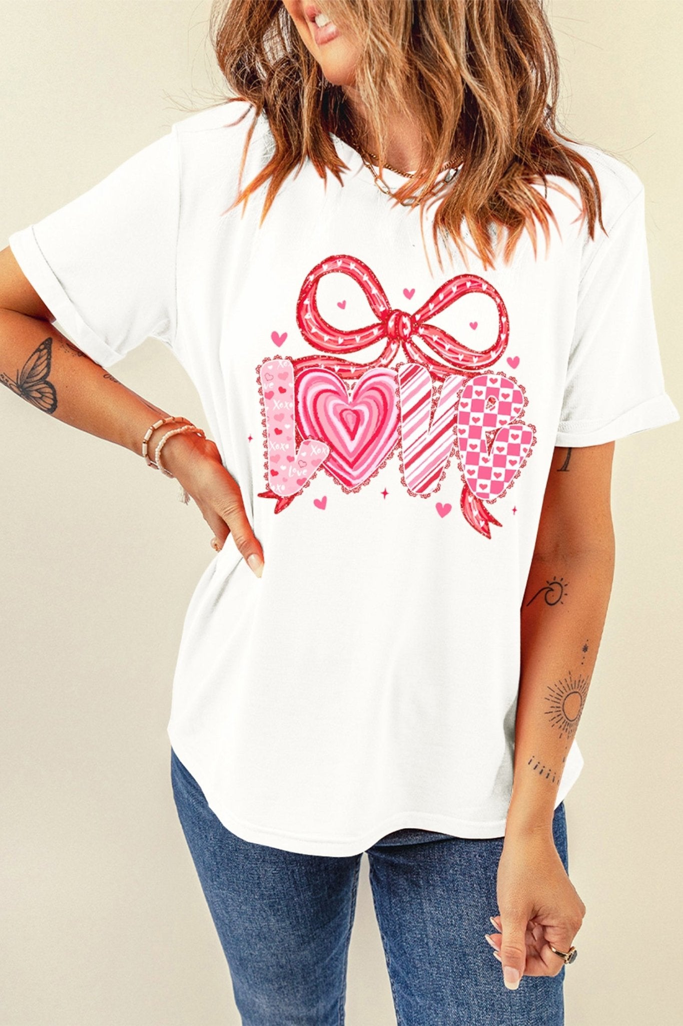 White Sweet LOVE Ribbon Bow Printed Valentines Day T Shirt - MAD RUFFI