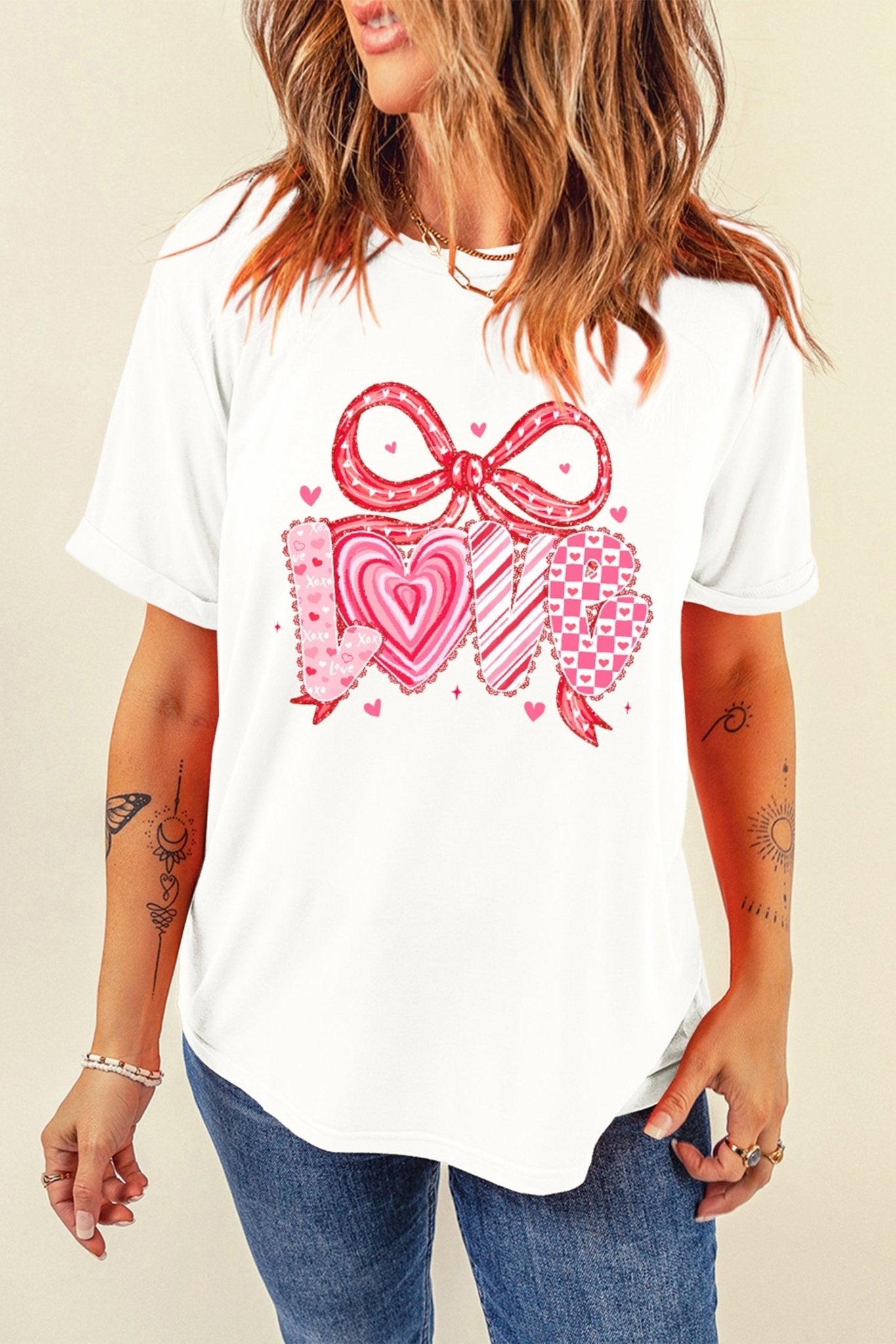 White Sweet LOVE Ribbon Bow Printed Valentines Day T Shirt - MAD RUFFI