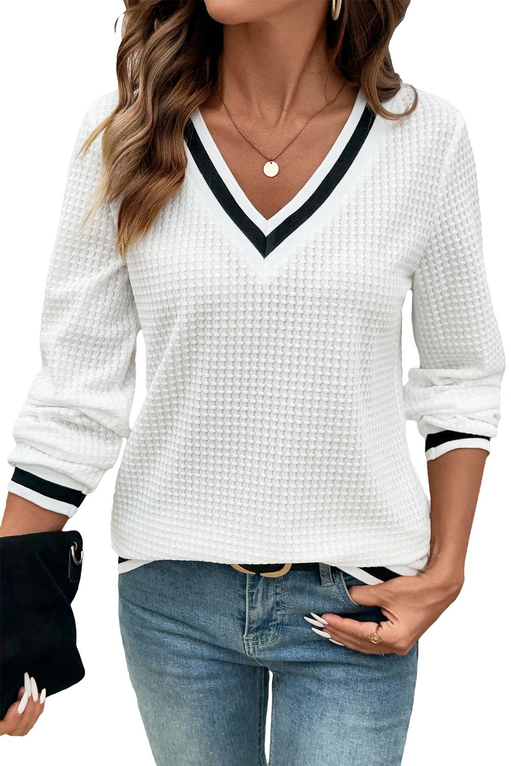 White Textured Knit Preppy Striped Trim V Neck Pullover Waffle Top - MAD RUFFI