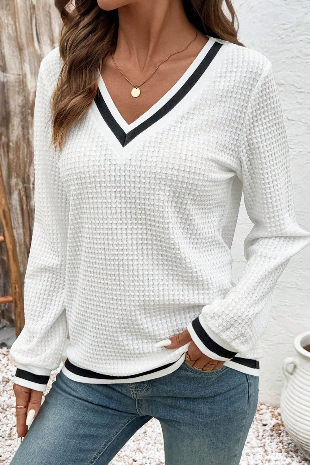 White Textured Knit Preppy Striped Trim V Neck Pullover Waffle Top - MAD RUFFI