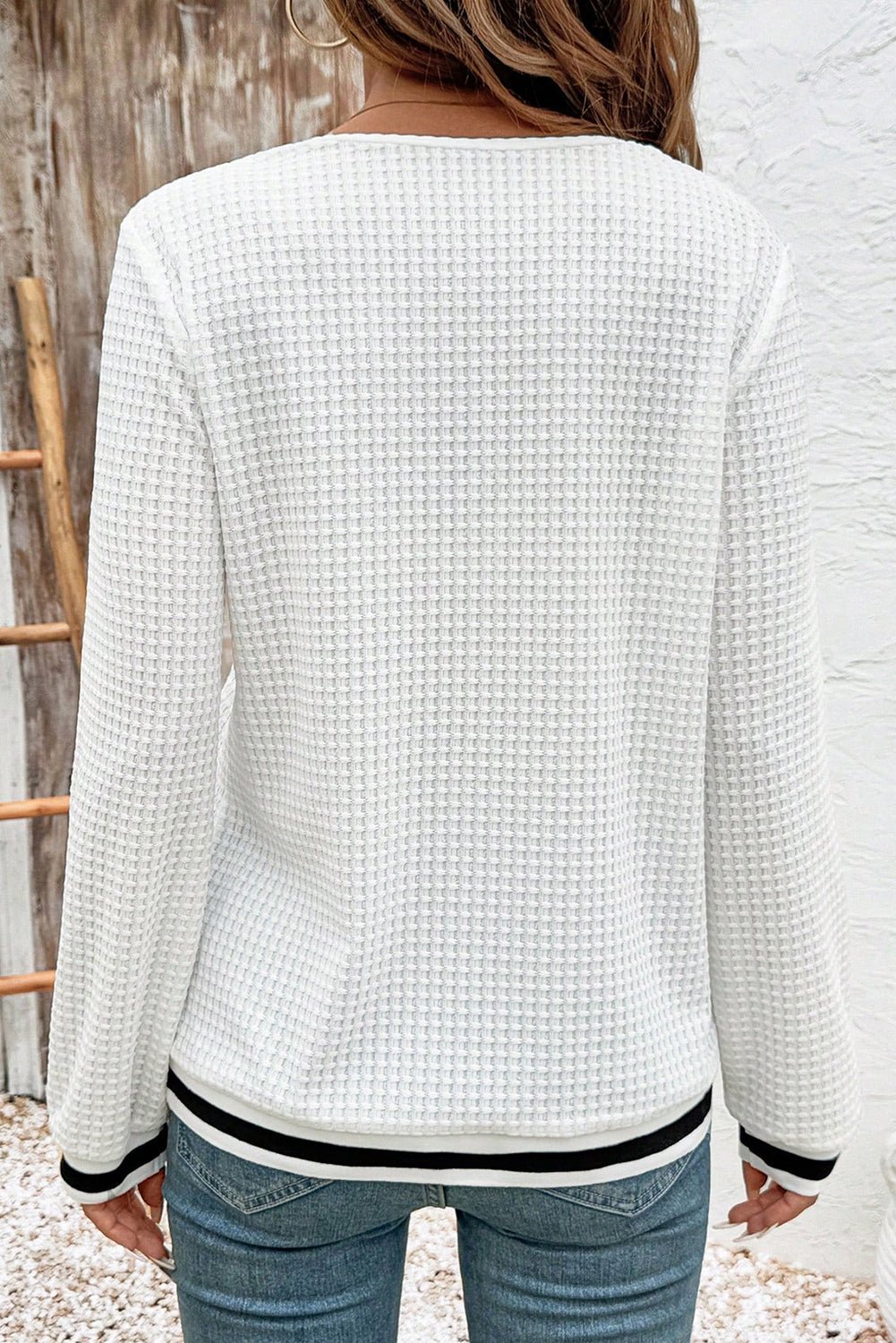 White Textured Knit Preppy Striped Trim V Neck Pullover Waffle Top - MAD RUFFI