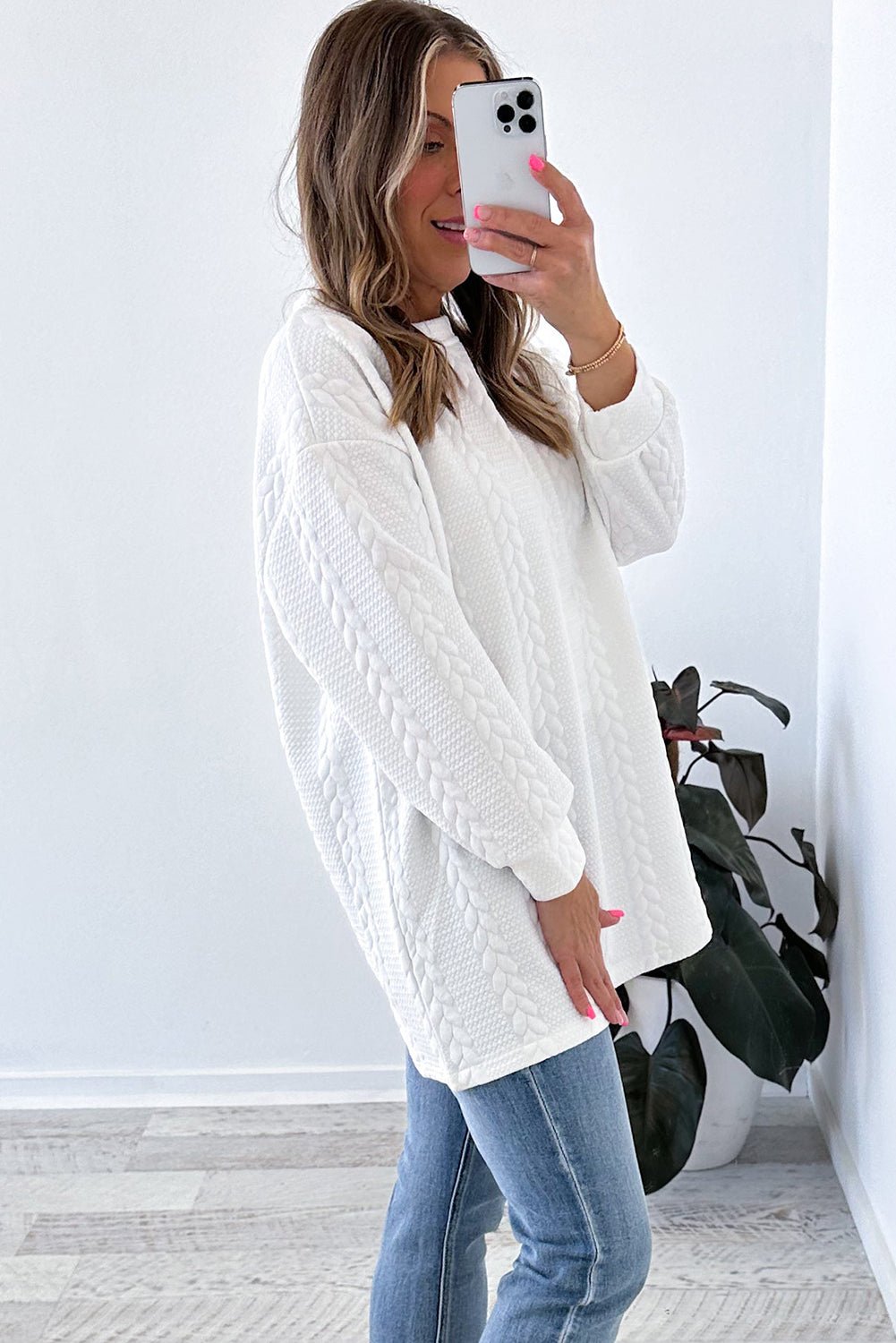 White Textured Loose Plus Size Long Sleeve Top - MAD RUFFI