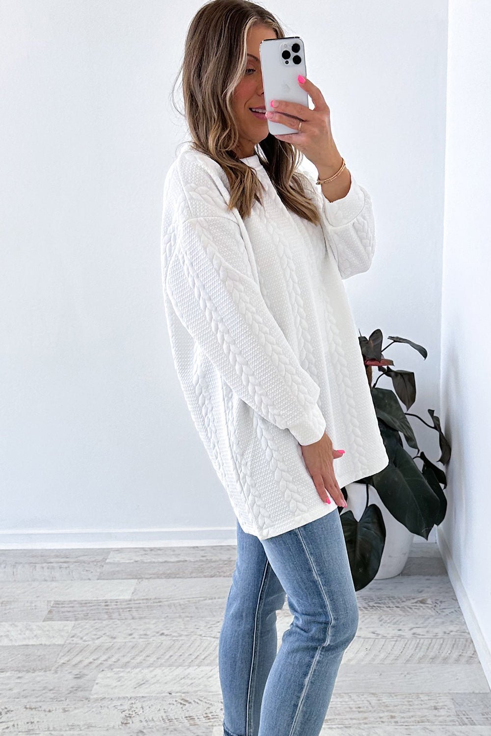 White Textured Loose Plus Size Long Sleeve Top - MAD RUFFI