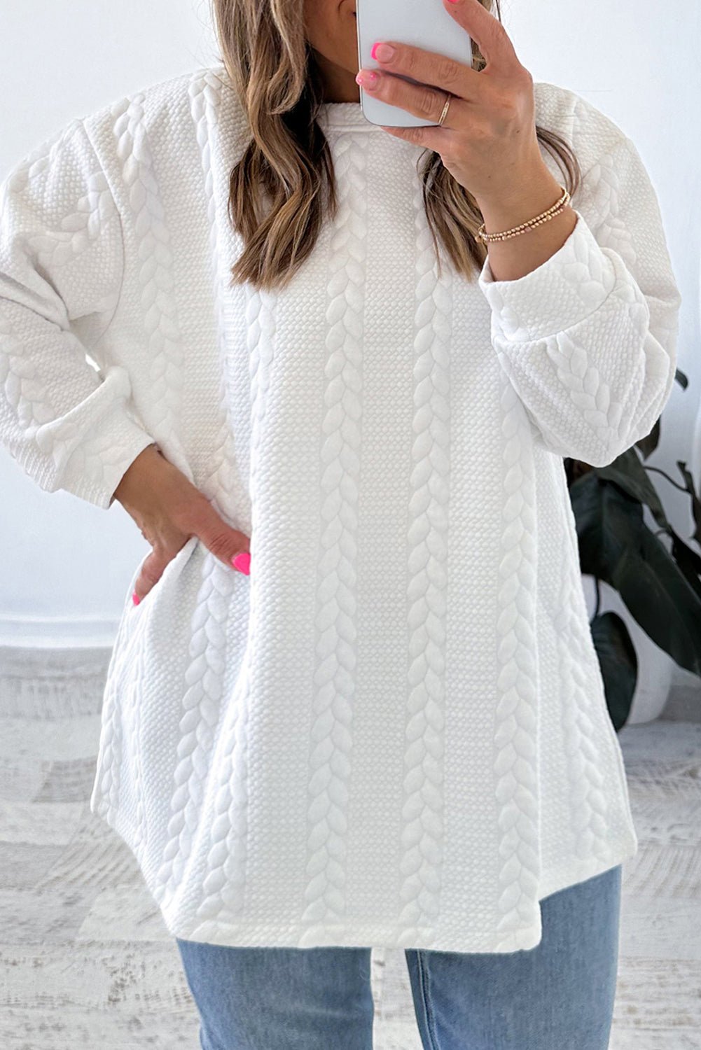 White Textured Loose Plus Size Long Sleeve Top - MAD RUFFI
