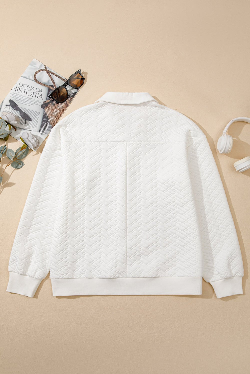 White Textured Pocketed Collared V Neck Pullover Sweatshirt - MAD RUFFI