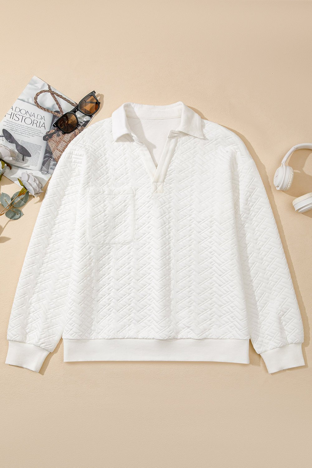 White Textured Pocketed Collared V Neck Pullover Sweatshirt - MAD RUFFI