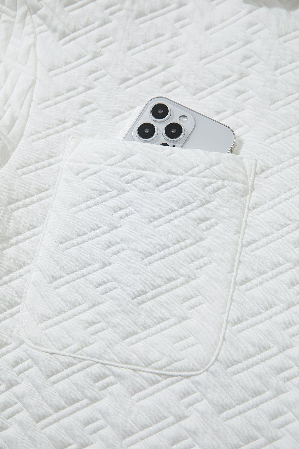 White Textured Pocketed Collared V Neck Pullover Sweatshirt - MAD RUFFI