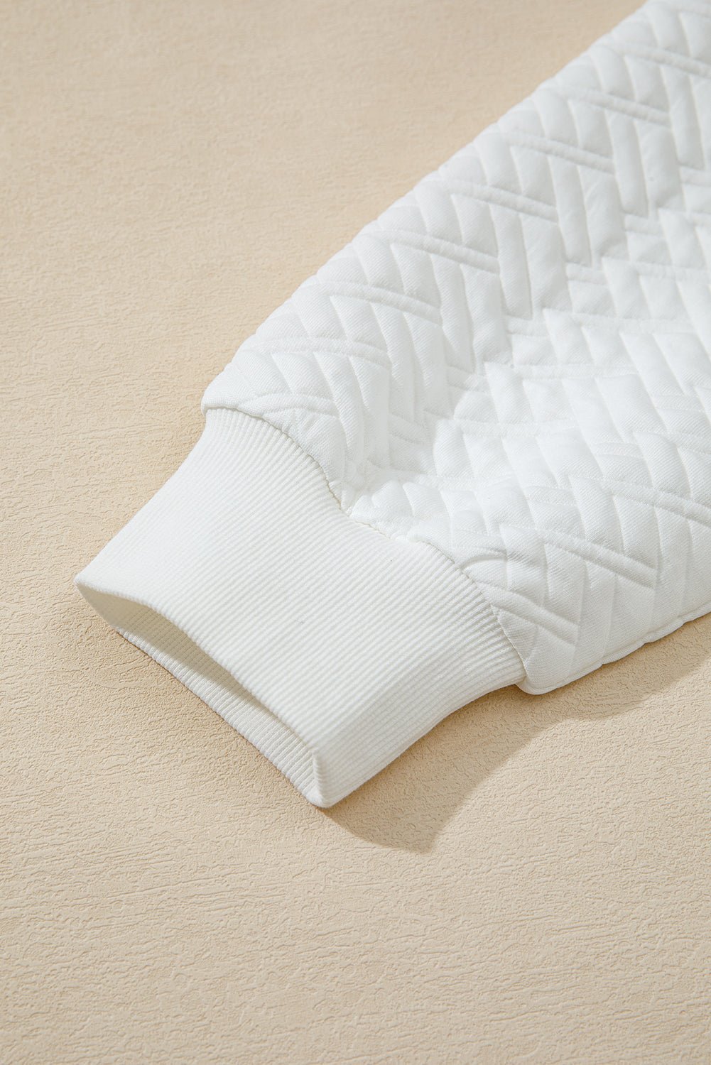 White Textured Pocketed Collared V Neck Pullover Sweatshirt - MAD RUFFI