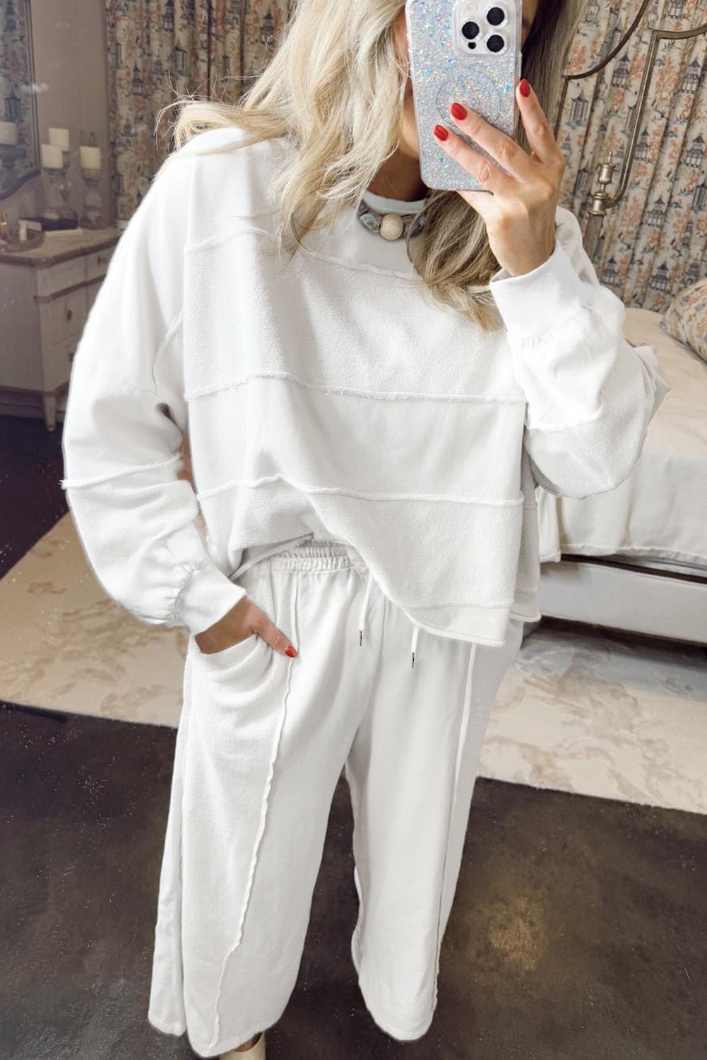 White Textured Raw Seam Plus Size Pullover Top and Drawstring Pants Set - MAD RUFFI