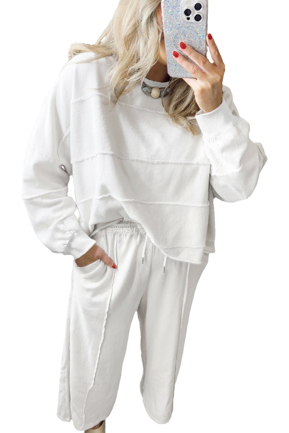 White Textured Raw Seam Plus Size Pullover Top and Drawstring Pants Set - MAD RUFFI