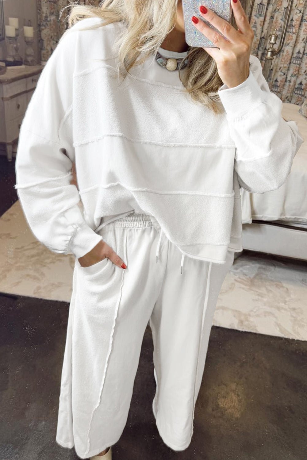 White Textured Raw Seam Plus Size Pullover Top and Drawstring Pants Set - MAD RUFFI