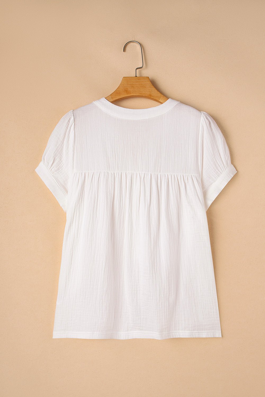 White Textured Short Sleeve Buttons Frayed Blouse - MAD RUFFI