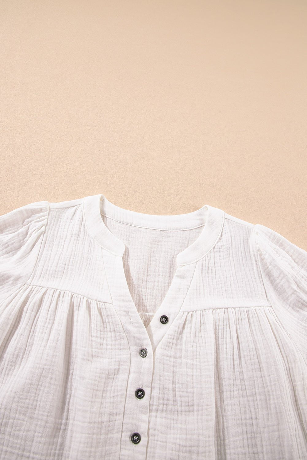 White Textured Short Sleeve Buttons Frayed Blouse - MAD RUFFI