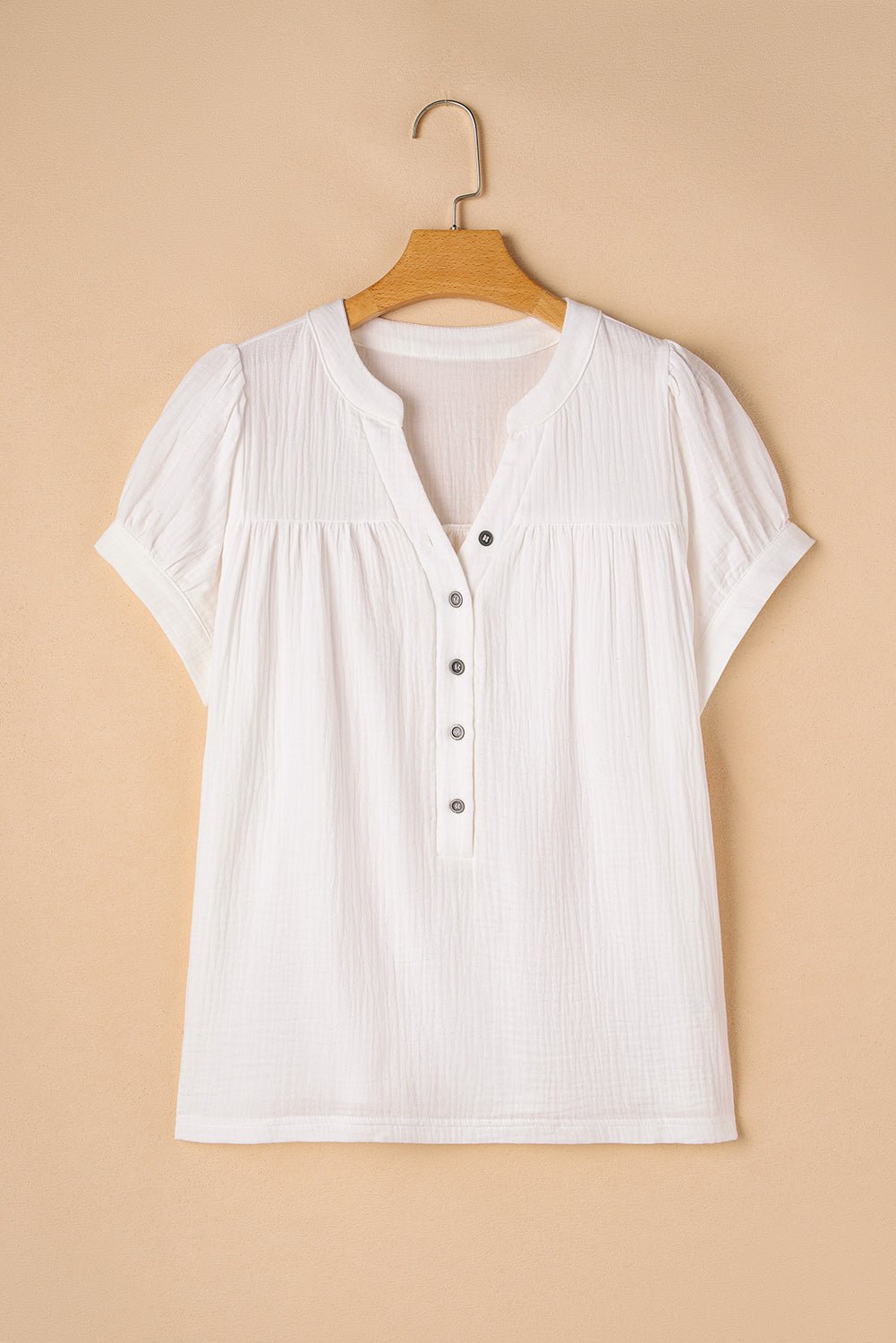 White Textured Short Sleeve Buttons Frayed Blouse - MAD RUFFI