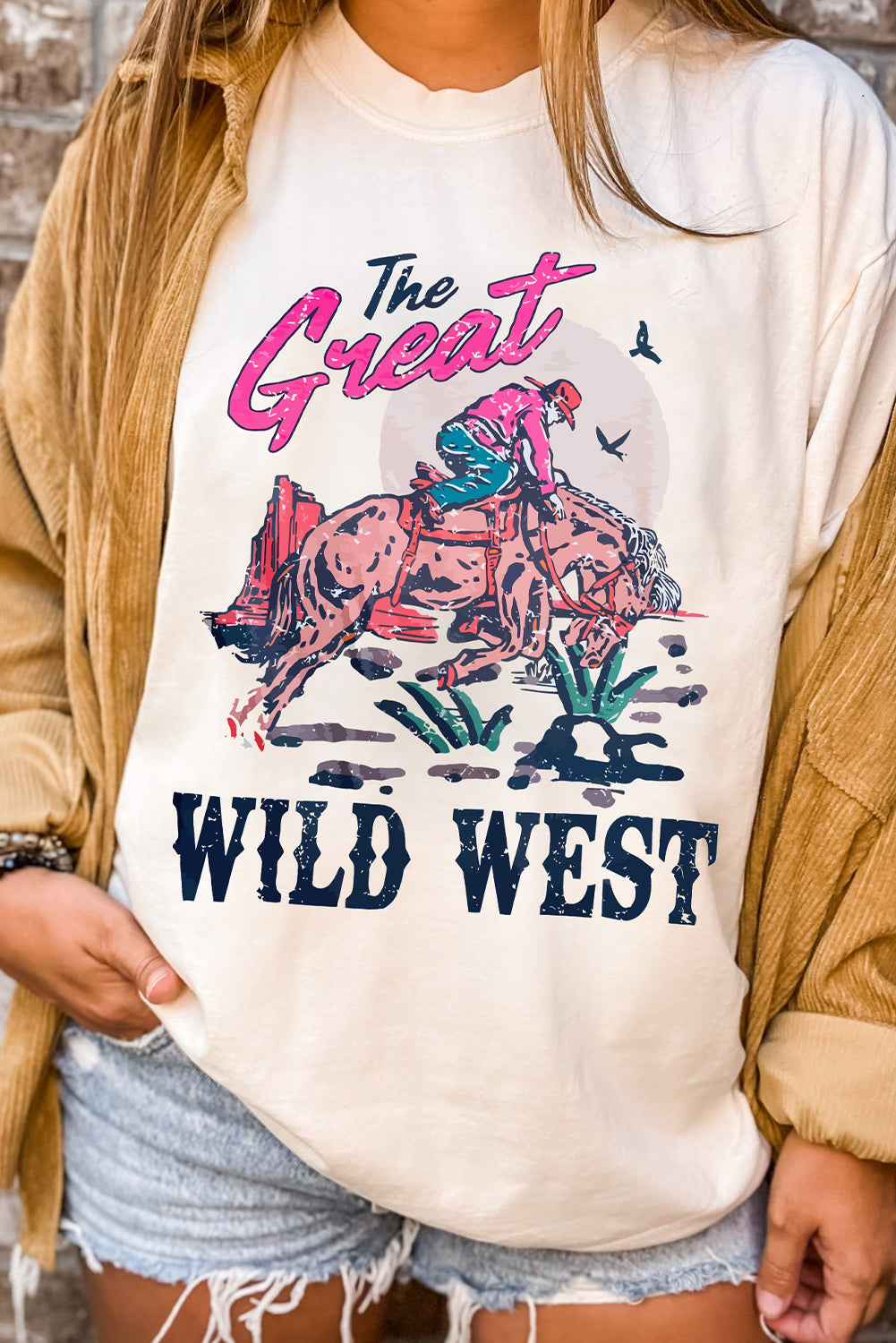 White The Great WILD WEST Rodeo Graphic Crew Neck T Shirt - MAD RUFFI