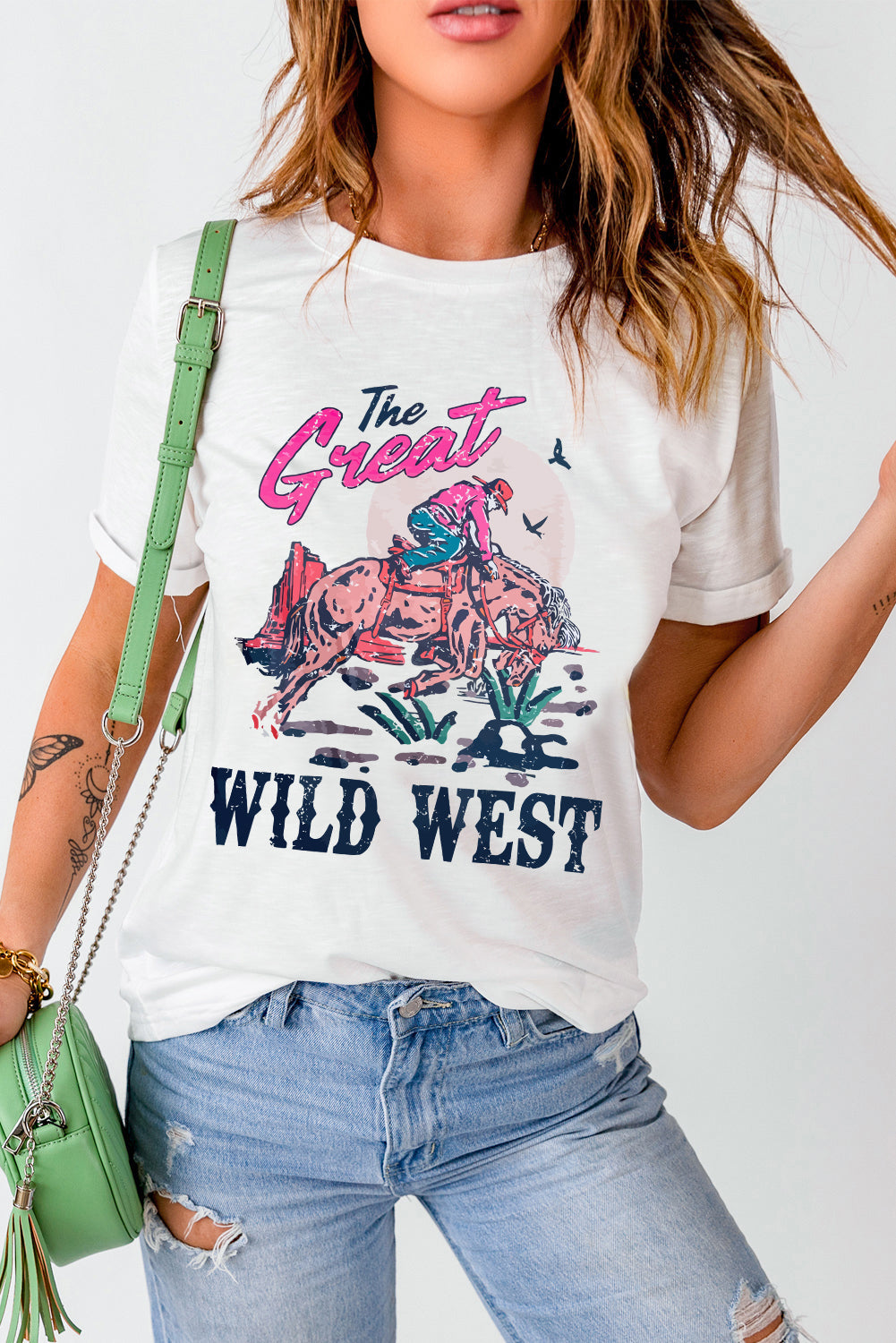 White The Great WILD WEST Rodeo Graphic Crew Neck T Shirt - MAD RUFFI