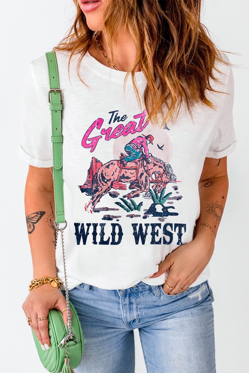 White The Great WILD WEST Rodeo Graphic Crew Neck T Shirt - MAD RUFFI