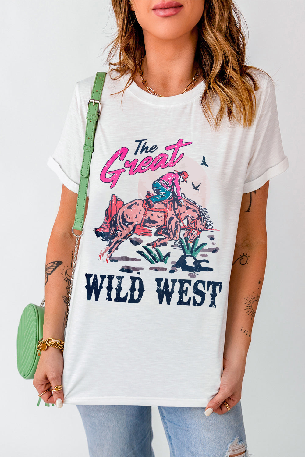 White The Great WILD WEST Rodeo Graphic Crew Neck T Shirt - MAD RUFFI