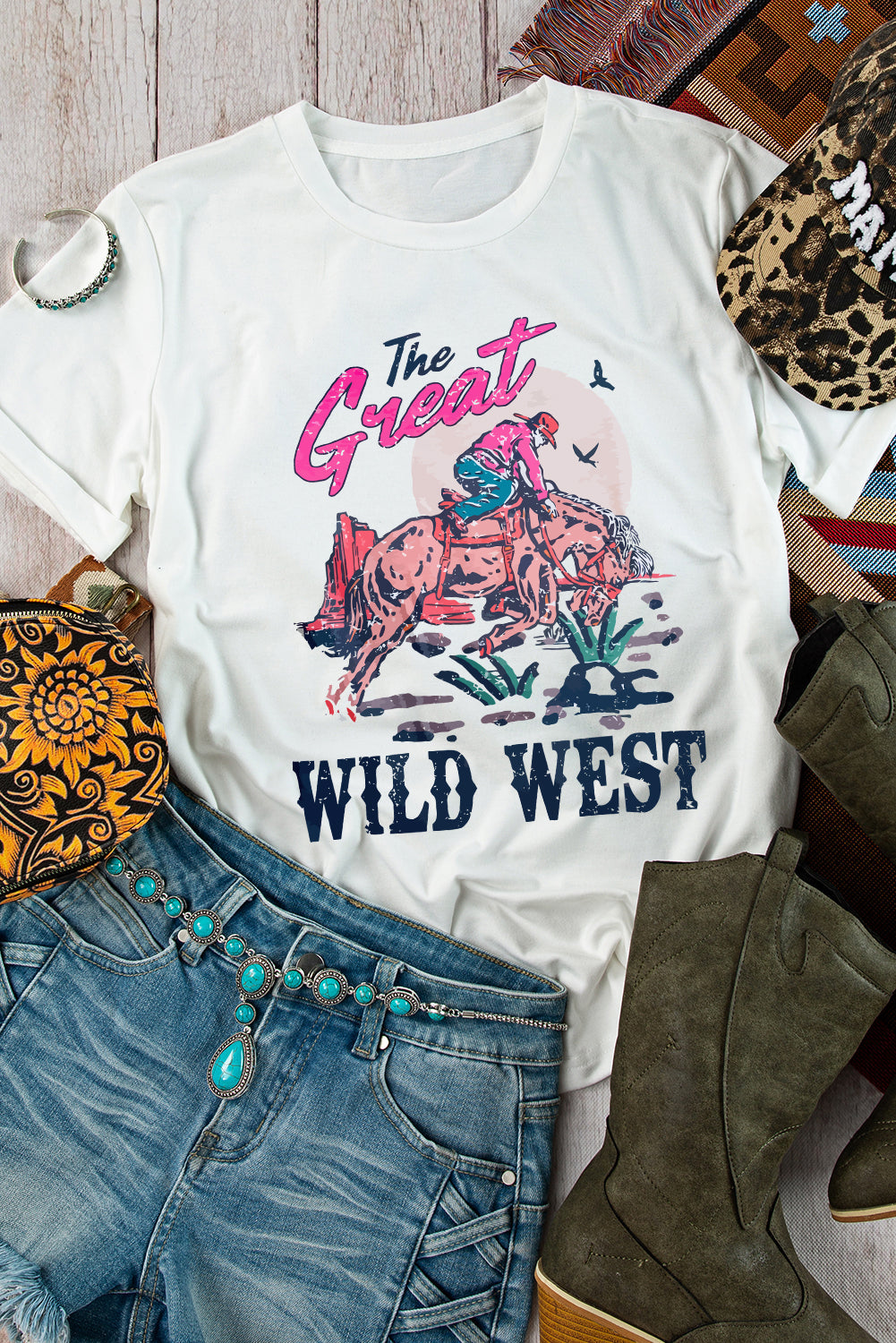 White The Great WILD WEST Rodeo Graphic Crew Neck T Shirt - MAD RUFFI