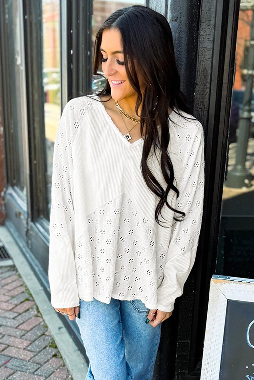 White Twisted Rib Patchwork Floral Embroidered Loose Long Sleeve Top - MAD RUFFI
