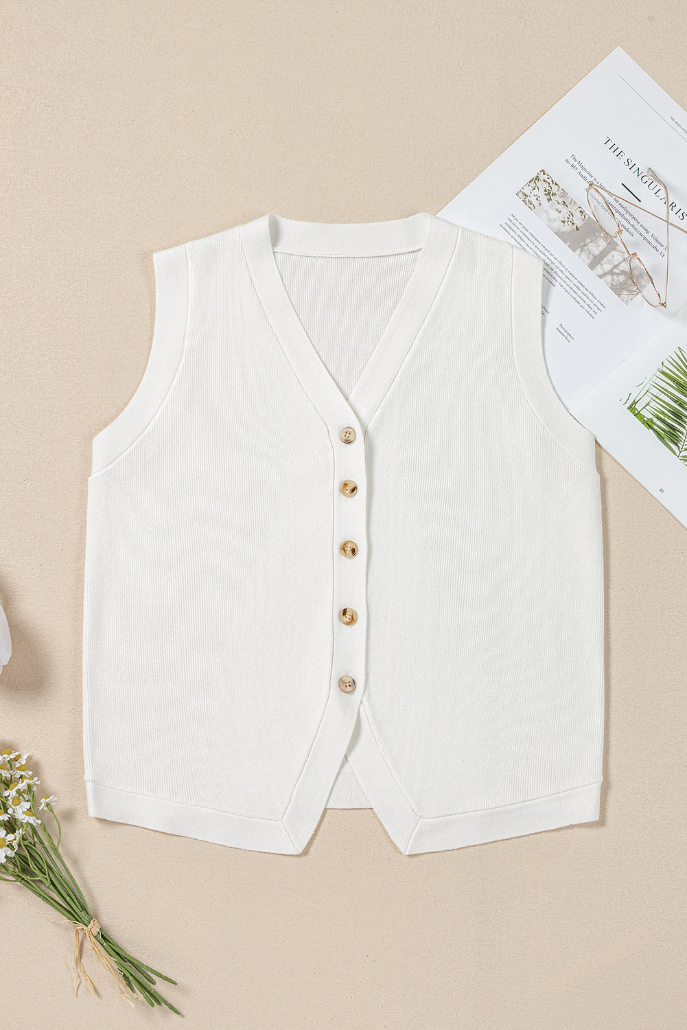 White V Neck Buttoned Sweater Vest - Cardigans