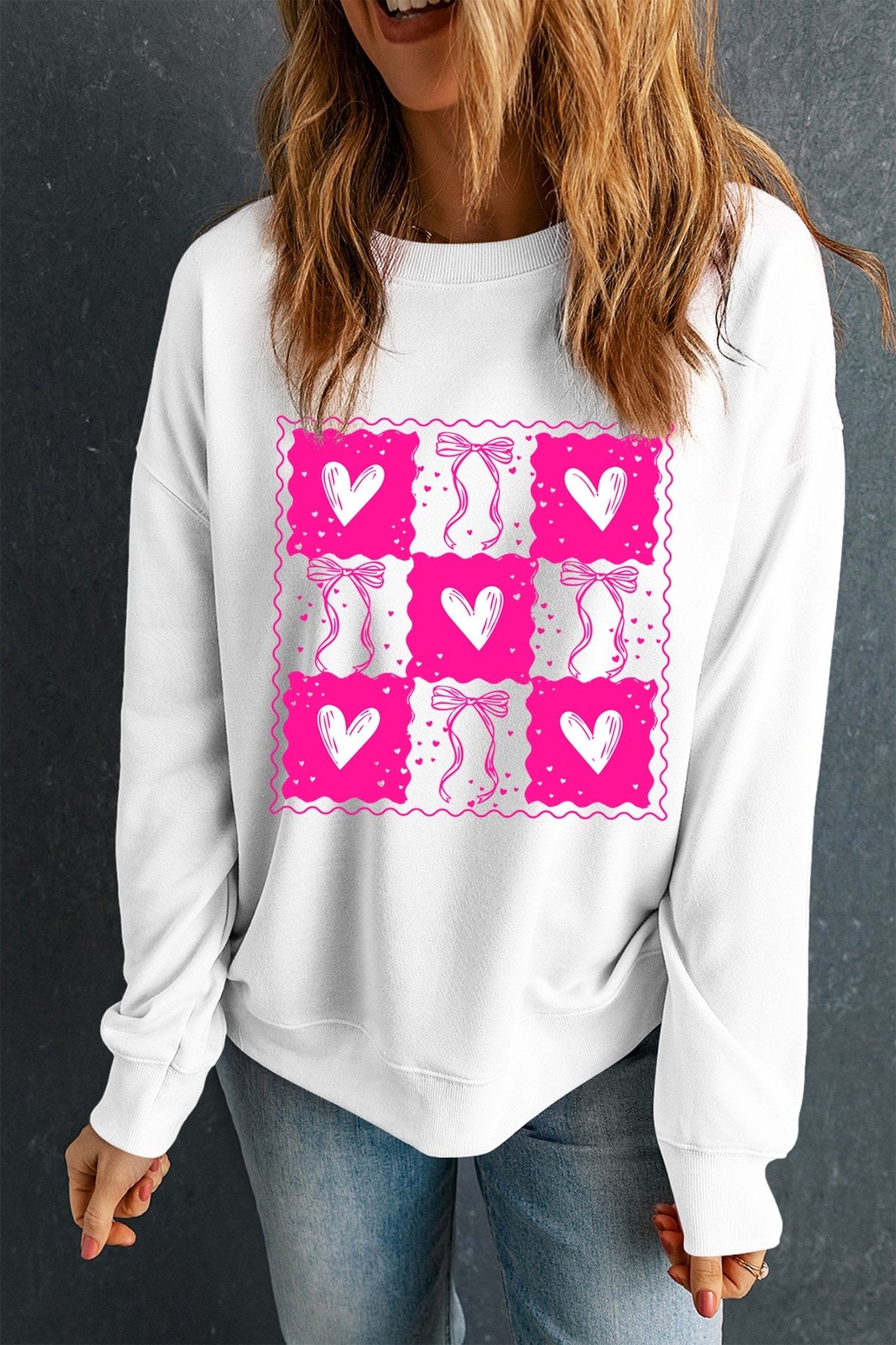 White Valentines Bow Heart Checkered Print Pullover Sweatshirt - MAD RUFFI