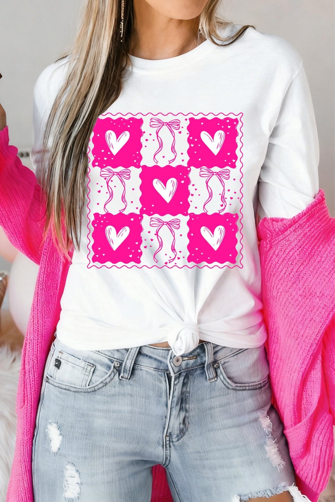 White Valentines Bow Heart Checkered Print Pullover Sweatshirt - MAD RUFFI
