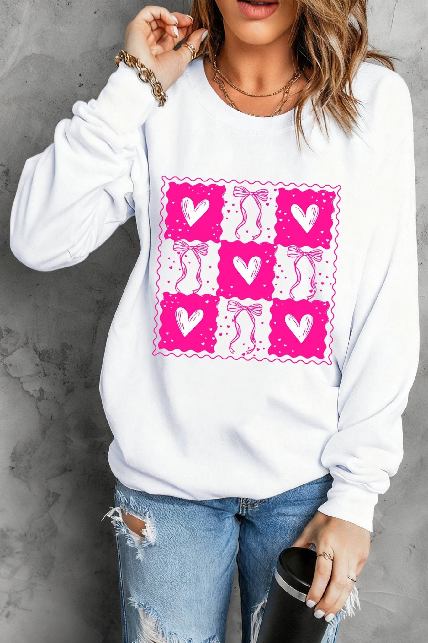 White Valentines Bow Heart Checkered Print Pullover Sweatshirt - MAD RUFFI