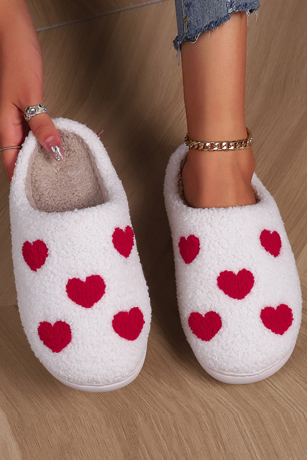 White Valentines Day Hearts Print Plush Slippers - MAD RUFFI