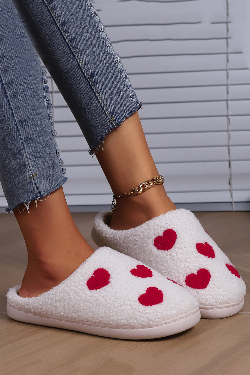 White Valentines Day Hearts Print Plush Slippers - MAD RUFFI